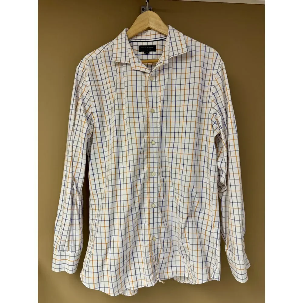 Banana Republic Classic Plaid Button-Down Dress Shirt White Blue Orange Check XL